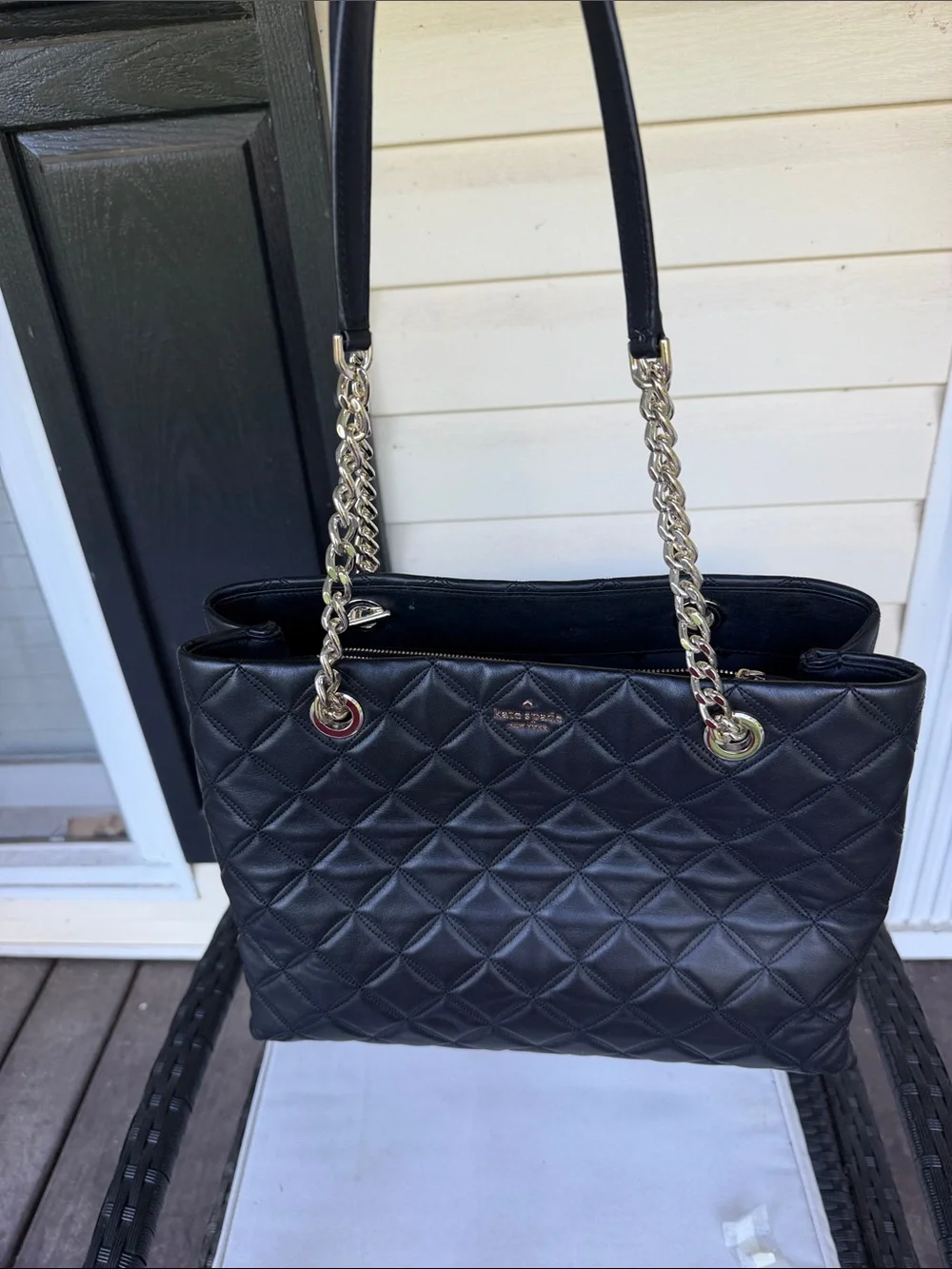 kate spade Black Quilted Leather Tote with Gold Chain Straps
